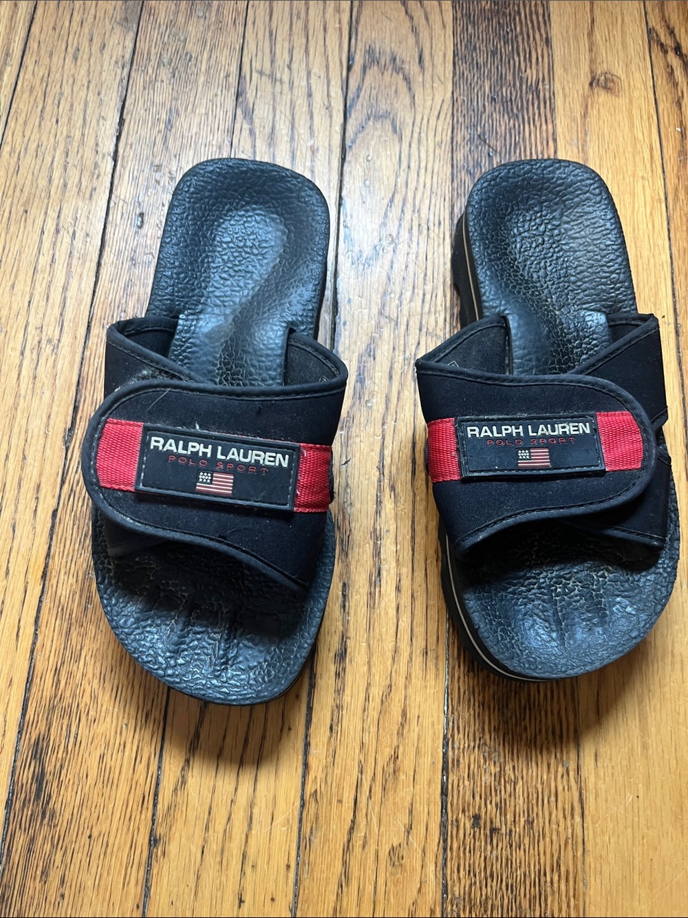 Ralph Lauren Black Slide Sandals with Red Accent Strap - Men's